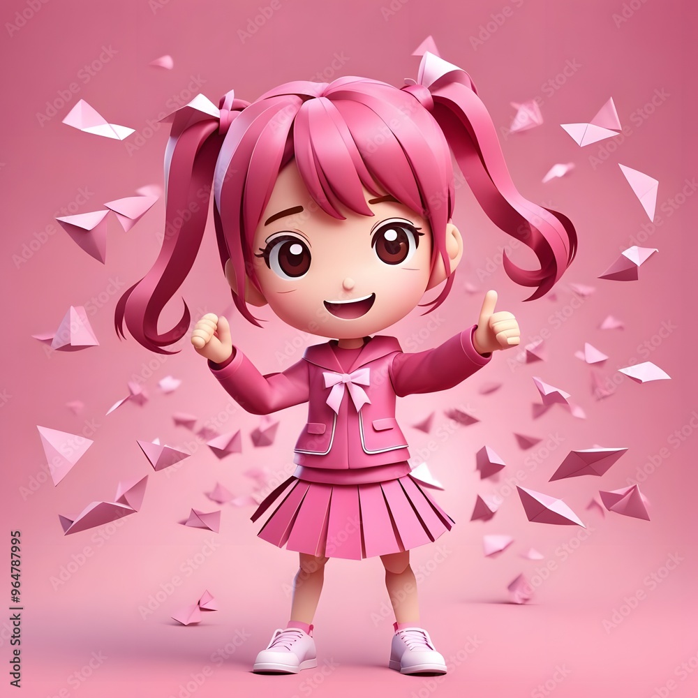 A pink-clad, pink-haired anime girl with ponytails giving thumbs up while standing among flying paper birds in a whimsical and joyful scene. A pink-clad, pink-haired anime girl with ponytails giving thumbs up while standing among flying paper birds in a whimsical and joyful scene.