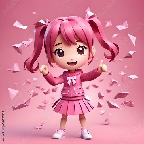 A pink-clad, pink-haired anime girl with ponytails giving thumbs up while standing among flying paper birds in a whimsical and joyful scene.