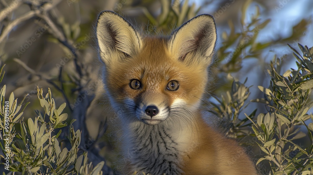 A close-up of a baby fox in a tree, looking at the camera with a sorrowful expression A close-up of a baby fox in a tree, looking at the camera with a sorrowful expression