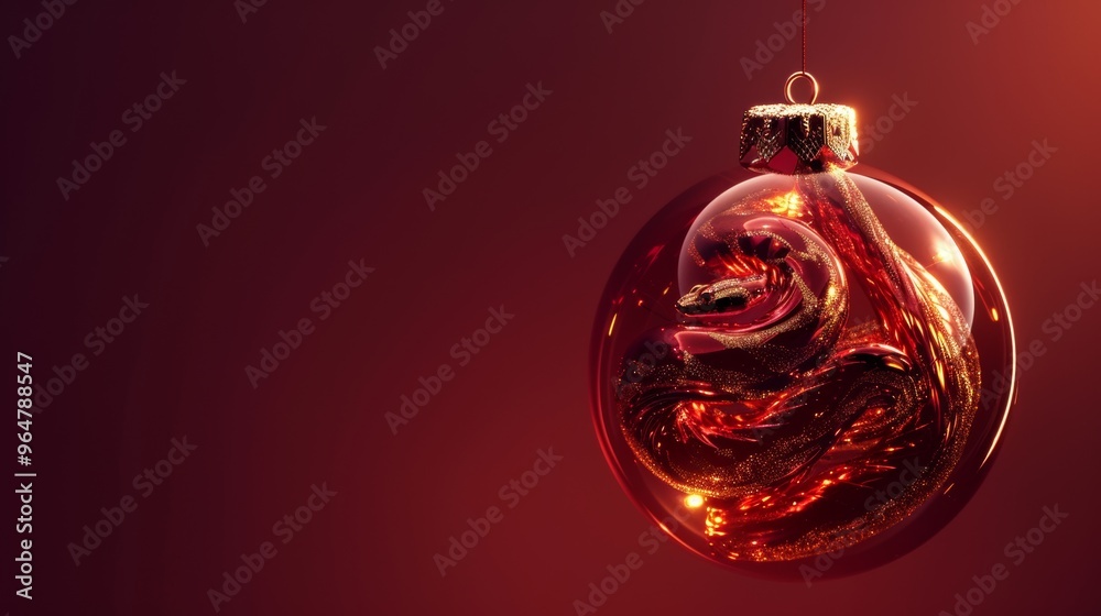Festive red and gold christmas ornament featuring mesmerizing swirling design, hanging against deep red background. 2025 New year of Snake symbol Festive red and gold christmas ornament featuring mesmerizing swirling design, hanging against deep red background. 2025 New year of Snake symbol