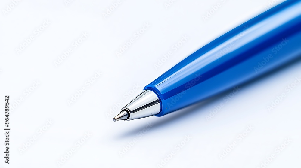 A crisp, high-quality macro shot of a blue ballpoint pen on a white background. A crisp, high-quality macro shot of a blue ballpoint pen on a white background.