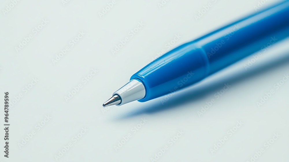 A crisp, high-quality macro shot of a blue ballpoint pen on a white background. A crisp, high-quality macro shot of a blue ballpoint pen on a white background.