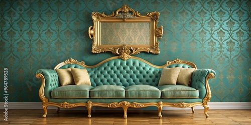 Ornate Green Velvet Sofa with Gilded Frame Against Damask Wallpaper, Gold, Interior Design, Luxury