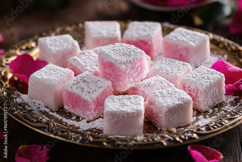 Elegant squares of rose flavored Turkish delight dusted with powdered sugar, adorned with rose petals