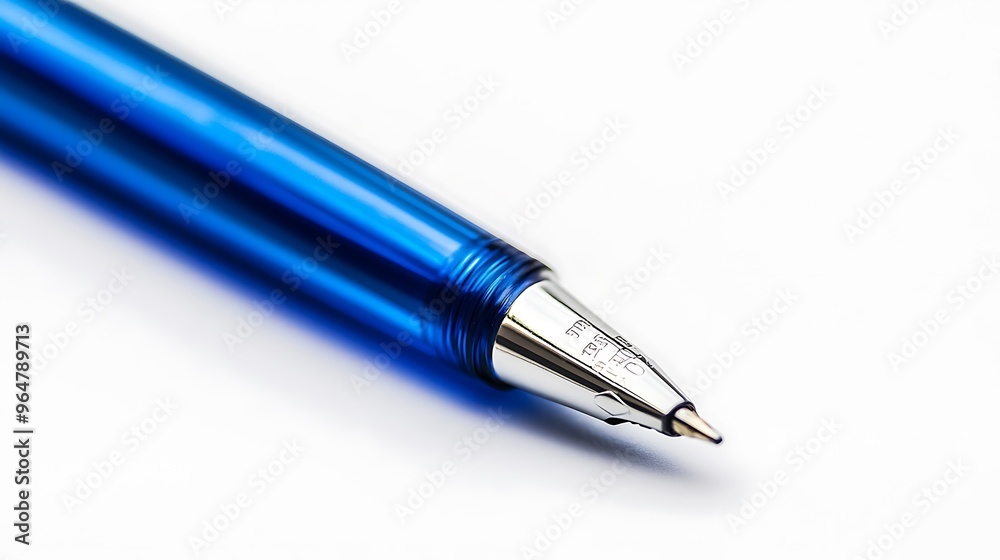 A crisp, high-quality macro shot of a blue ballpoint pen on a white background. A crisp, high-quality macro shot of a blue ballpoint pen on a white background.
