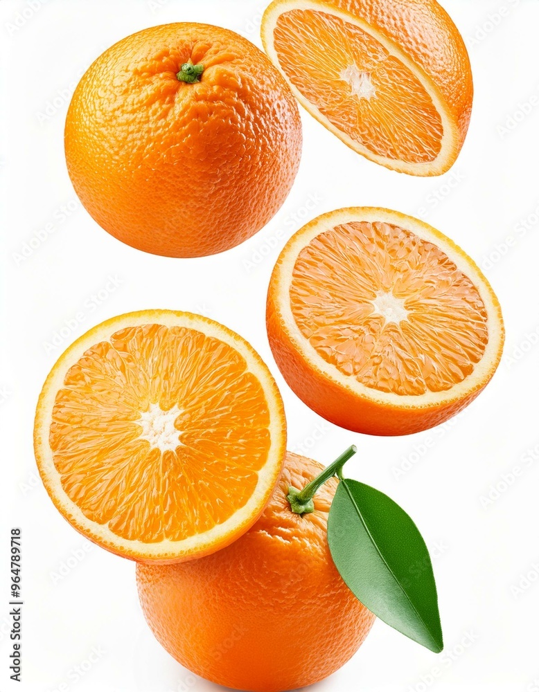 Naranjas cayendo, con un fondo blanco.