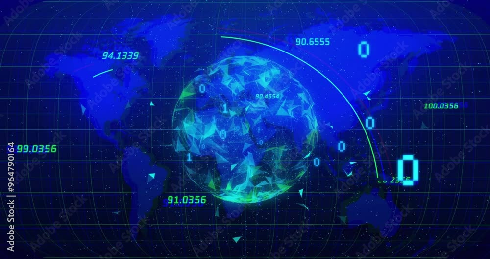 Animation of binary coding and data processing over globe and world map