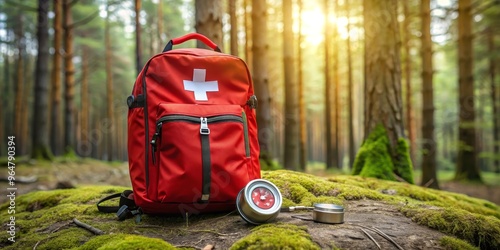 Red First Aid Backpack and Compass in a Forest, Outdoors, Emergency , Survival , First Aid Kit