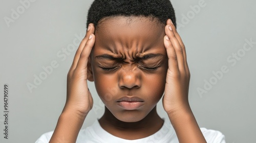 Black short hair boy holding his head in pain and frowning, close-up with pained expression due to earache photo