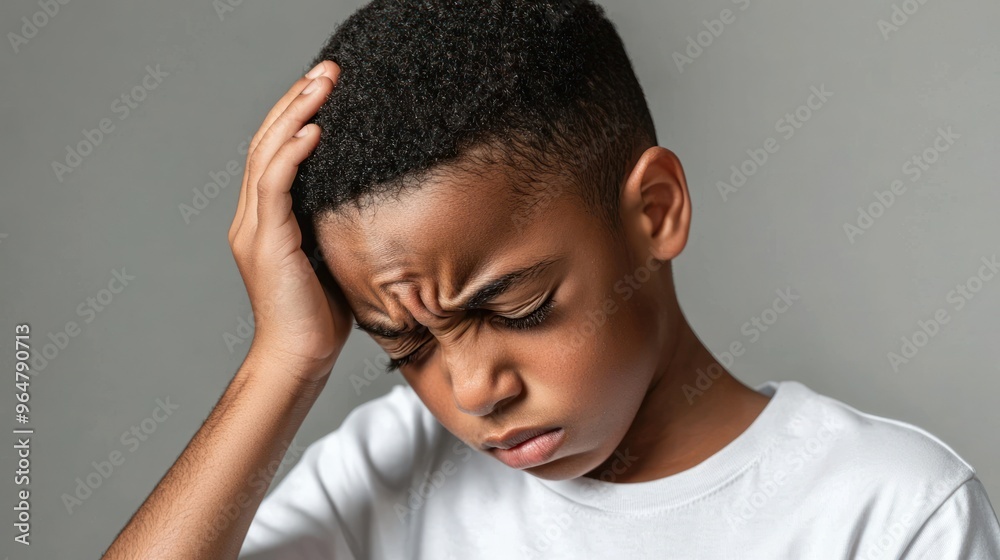 Black short hair boy holding his head in pain and frowning, close-up with pained expression due to earache Black short hair boy holding his head in pain and frowning, close-up with pained expression due to earache