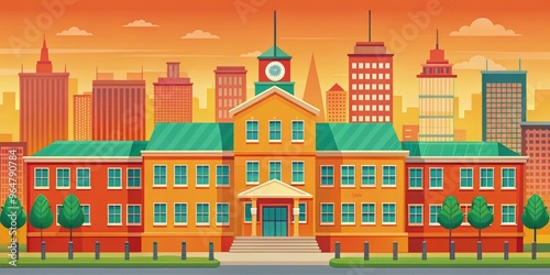 Colorful school building with city skyline in vibrant orange background. Generative AI