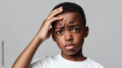 Black short hair boy holding his head in pain and frowning, close-up with pained expression due to earache