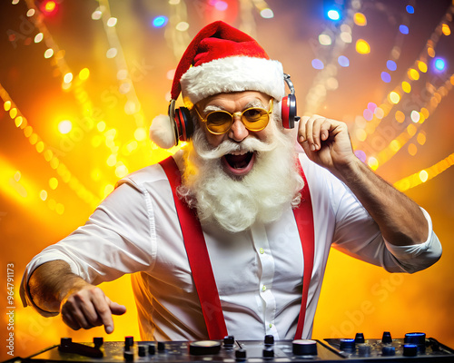 Nightclub invite on christmas party celebration funky crazy santa claus dj in white headset sing song sound melody listen music dance wear stylish x-mas hat suspenders isolated photo