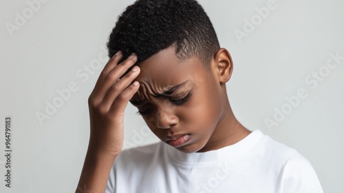 Black short hair boy holding his head in pain and frowning, close-up with pained expression due to earache photo