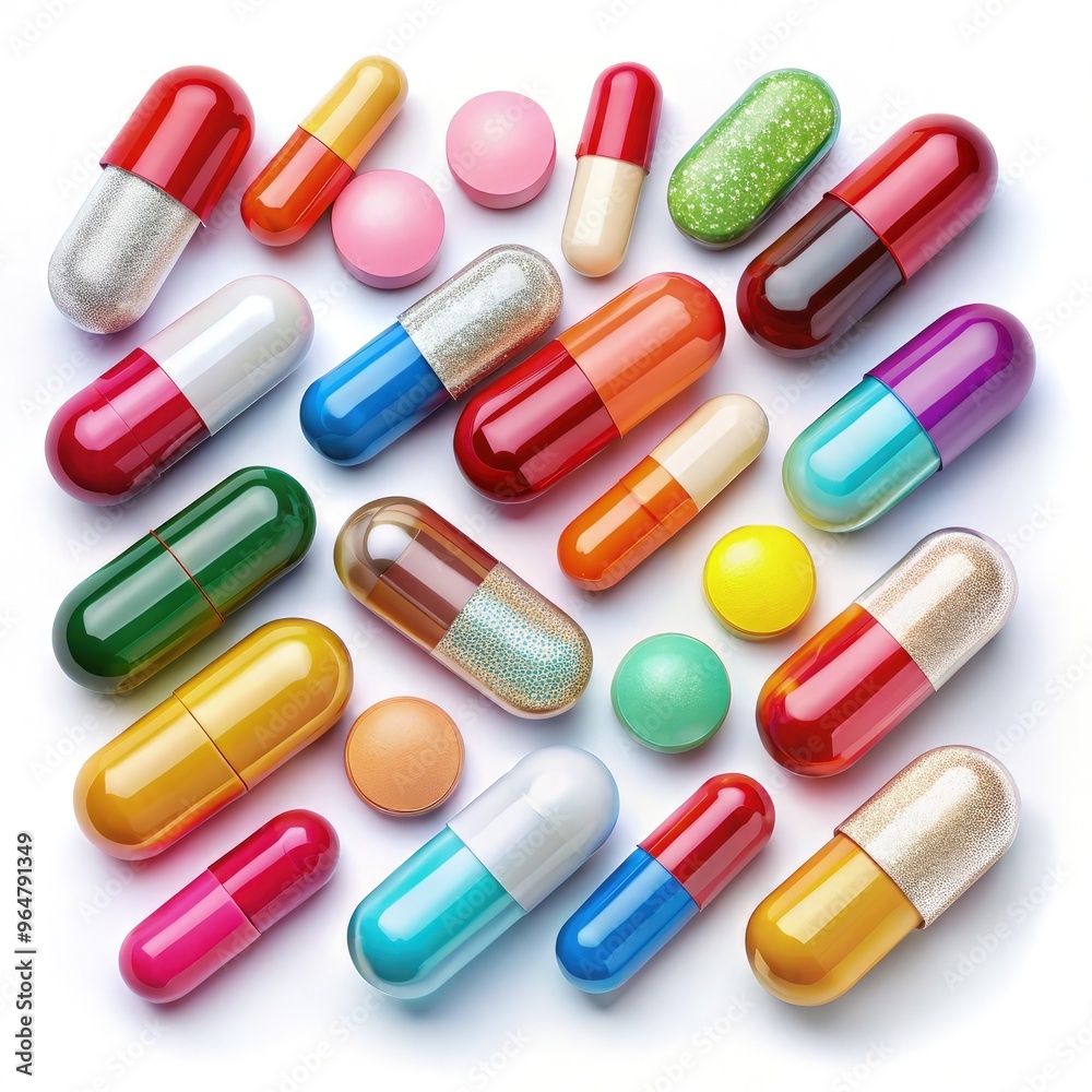 Variety of colorful pills arranged on a standard scale in a bright setting. Generative AI Variety of colorful pills arranged on a standard scale in a bright setting. Generative AI