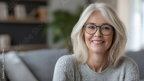 Happy, smiling senior woman in glasses, portrait of a middle-aged blonde female sitting on a gray sofa 