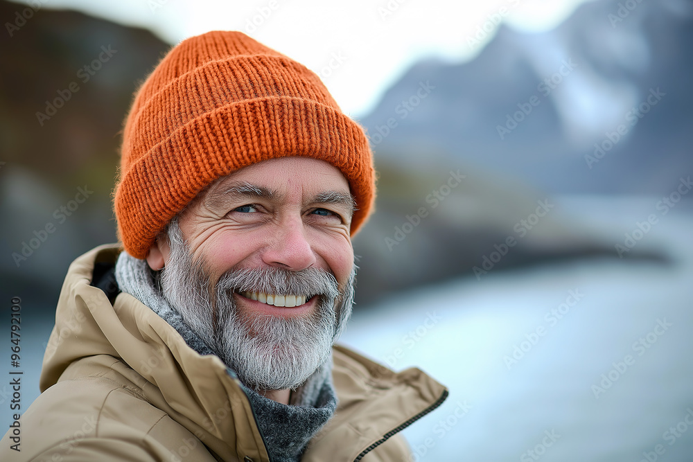 Portrait of a happy, smiling gray-haired, bearded man in his fifties, wearing a beige jacket and an orange knitted hat 