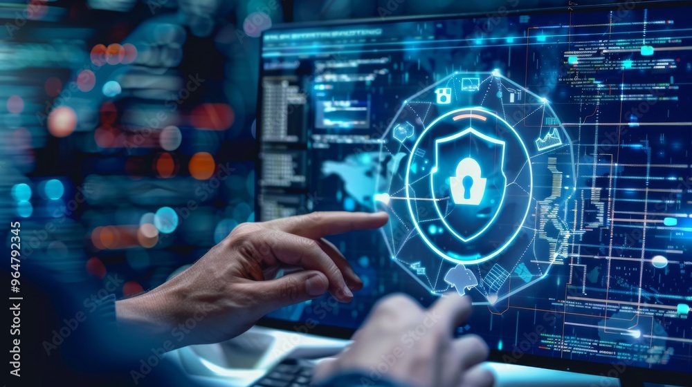 Man accessing a computer device with a protective shield against cyber threats Man accessing a computer device with a protective shield against cyber threats
