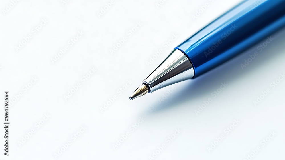 A detailed, high-resolution close-up of a blue ballpoint pen, captured with a soft white background. A detailed, high-resolution close-up of a blue ballpoint pen, captured with a soft white background.