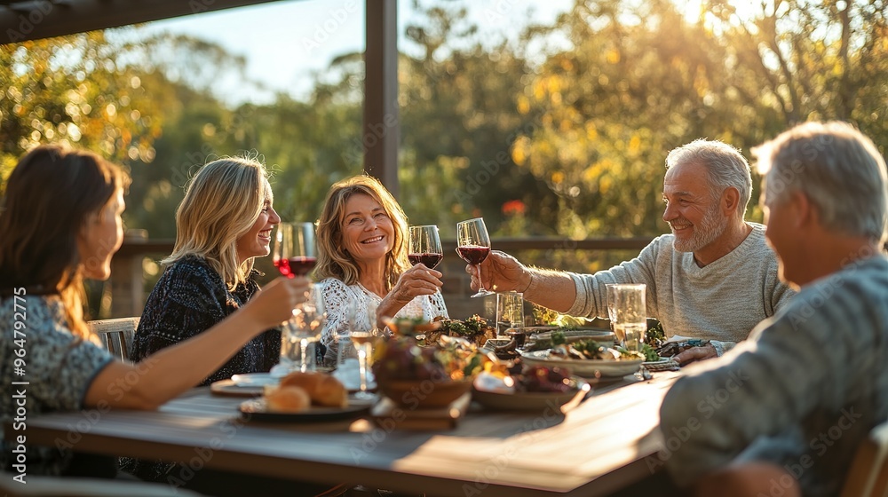 Group of friends enjoying a meal and wine together outdoors Group of friends enjoying a meal and wine together outdoors