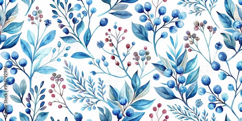 Watercolor Blue Berries and Leaves Seamless Pattern, floral, botanical, nature ,pattern