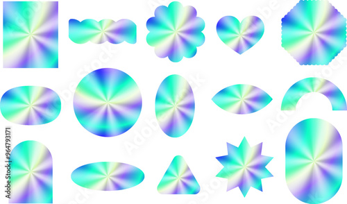 Set of geometric holographic sticker templates. Shiny stickers for quality assurance, neon vector glow emblem design.