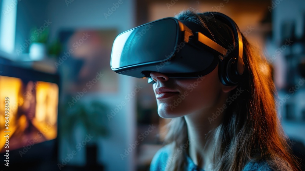 Woman using VR headset in front of TV Woman using VR headset in front of TV