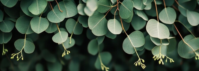 Eucalyptus leaves hanging banner frame with ad text place background 