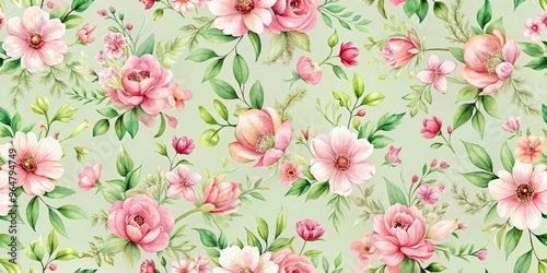 Watercolor Floral Seamless Pattern Delicate Pink Blossoms on Green Background, floral pattern, seamless pattern, watercolor art