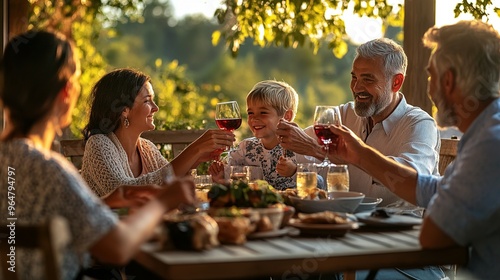 Family Toasting With Wine During Outdoor Meal