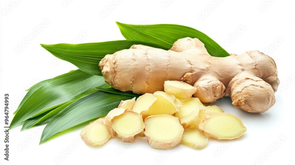 Whole and cup ginger root with green leaves isolated on white background Whole and cup ginger root with green leaves isolated on white background