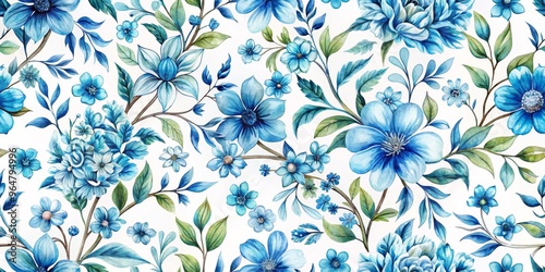 Watercolor Floral Seamless Pattern with Blue Flowers, White Background, Watercolor, Floral, Seamless Pattern, Blue Flowers, White Background