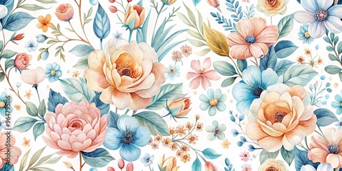 Watercolor Floral Seamless Pattern with Peach, Yellow, and Blue Flowers, Watercolor, Seamless, Floral Pattern, floral