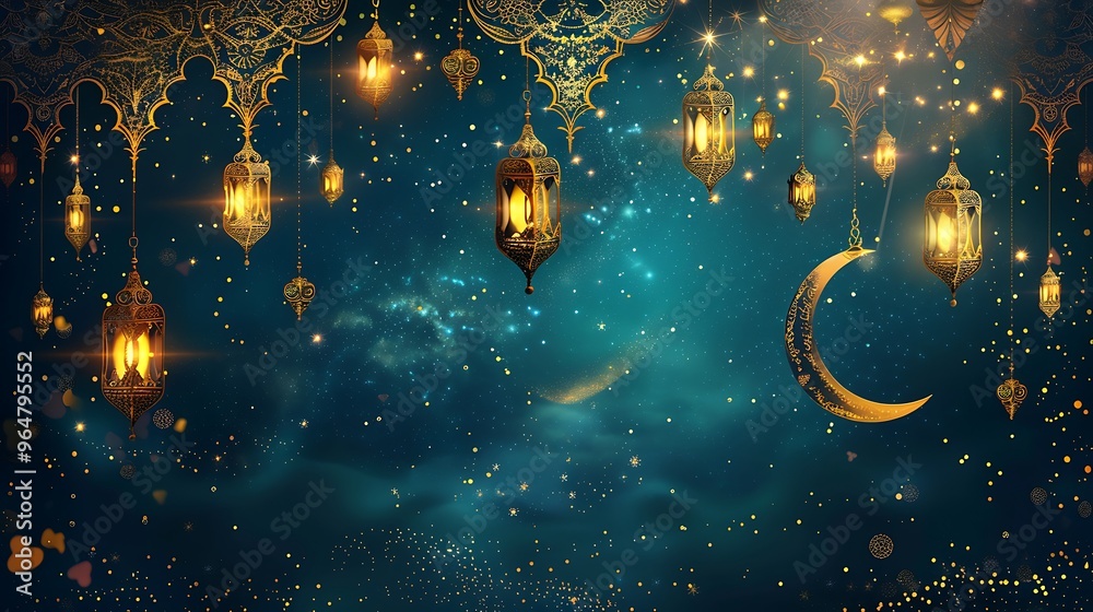 Fototapeta premium Golden Lanterns and Crescent Moon: A Festive Islamic Background