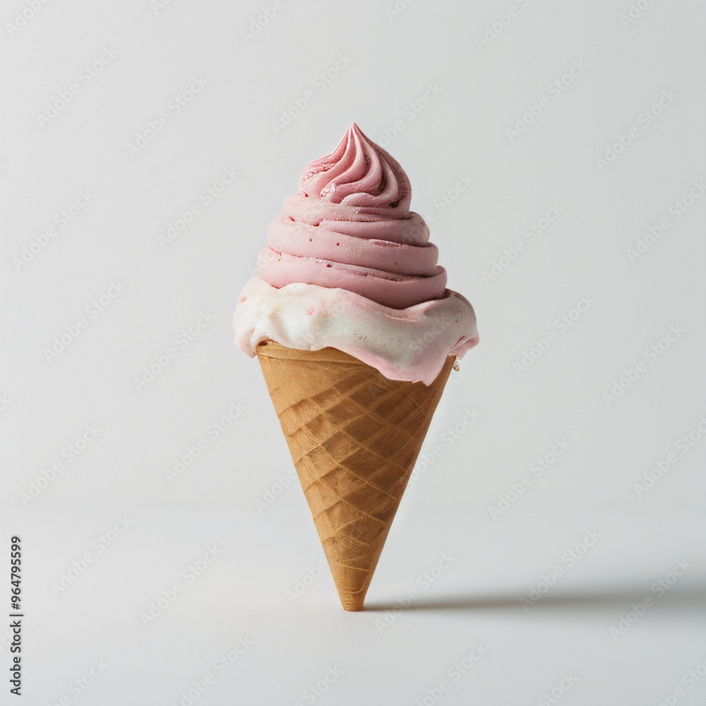 Pink soft serve ice cream in a cone on white background.. Pink soft serve ice cream in a cone on white background..