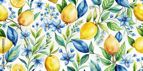 Watercolor Lemon and Blue Flower Seamless Pattern, Lemon Pattern, Watercolor Pattern, Floral Pattern