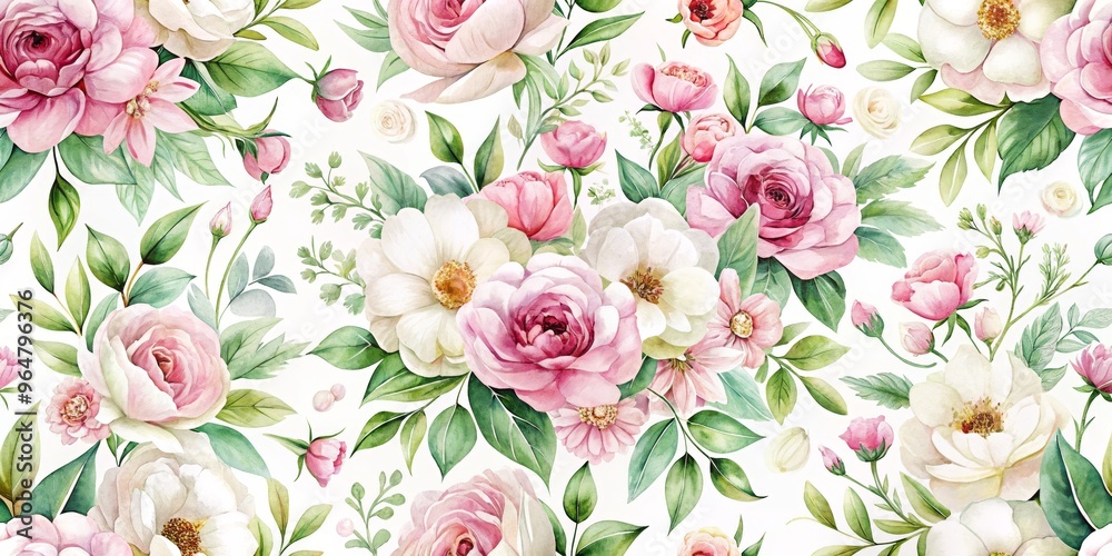 custom made wallpaper toronto digitalWatercolor Pink and White Flowers Seamless Pattern, floral pattern, botanical illustration, pink roses, white flowers, green leaves, white background