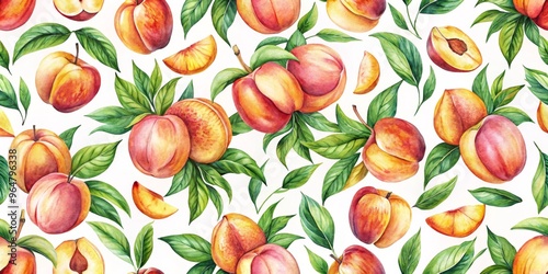 Watercolor Peach Seamless Pattern with Leaves, Watercolor Illustration, Fruit Design, Peach Background, Peach, Fruit, Seamless Pattern