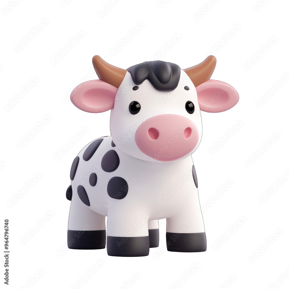 A cute cartoon cow character with black spots, perfect for children's illustrations and farm-themed designs. 3d render A cute cartoon cow character with black spots, perfect for children's illustrations and farm-themed designs. 3d render