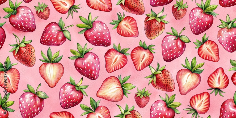 Watercolor Strawberry Pattern on Pink Background, Strawberry, Pattern, Watercolor Watercolor Strawberry Pattern on Pink Background, Strawberry, Pattern, Watercolor
