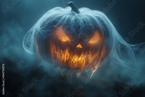 An abstract depiction of a ghostly, transparent pumpkin spirit emitting an ethereal glow