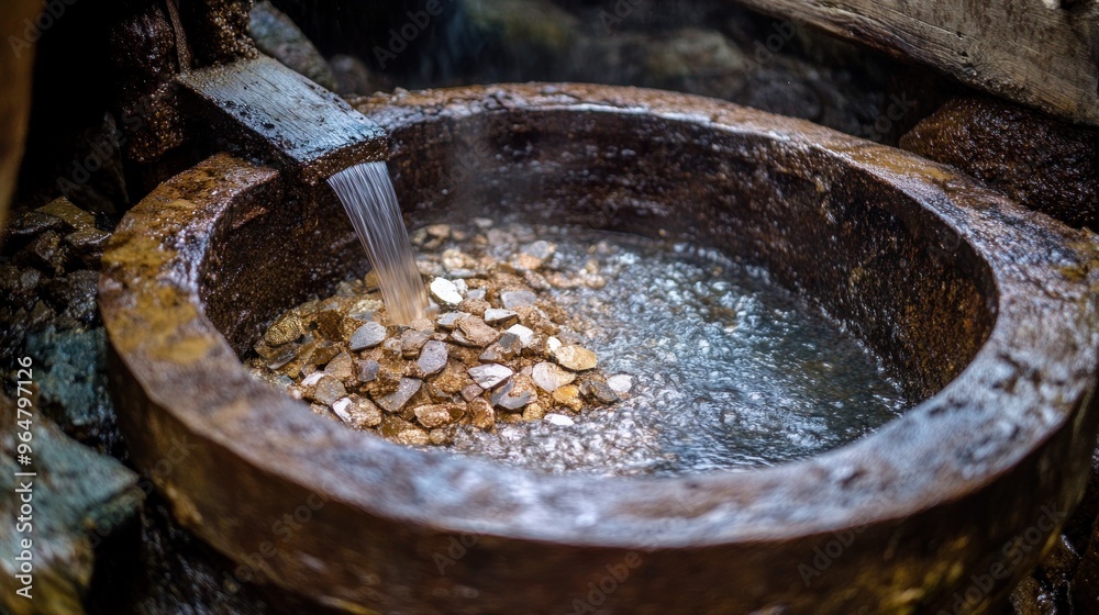 Water flows into a stone basin, possibly used for washing or processing. Water flows into a stone basin, possibly used for washing or processing.