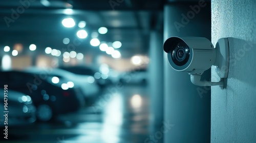 Security camera monitors parking lot activity at night in urban area