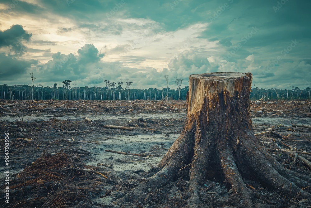 A Lone Tree Stump Stands Tall, A Grim Reminder of Deforestation's Devastation A Lone Tree Stump Stands Tall, A Grim Reminder of Deforestation's Devastation