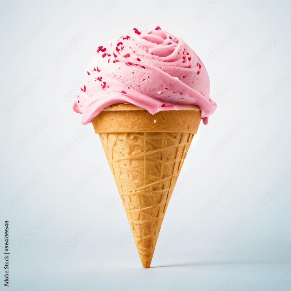 Pink soft serve ice cream in a cone on white background.. Pink soft serve ice cream in a cone on white background..