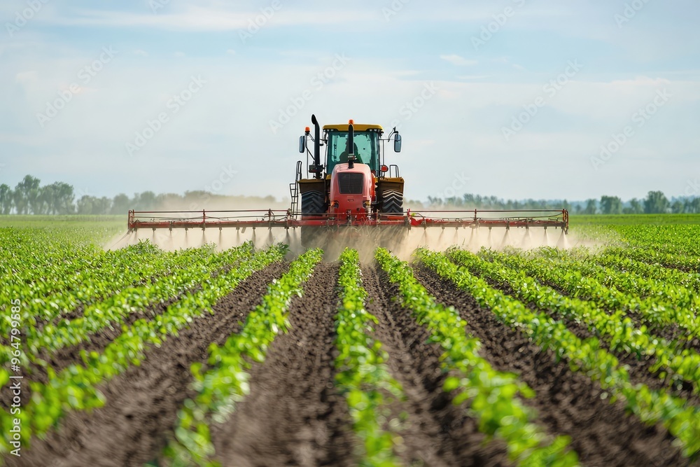 A Red Tractor Sprays Fertilizer Across Lush Green Rows, Creating a Cloud of Dust in Its Wake. A Red Tractor Sprays Fertilizer Across Lush Green Rows, Creating a Cloud of Dust in Its Wake.