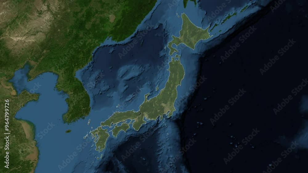 Zoom from Earth to Japan. (Highlighted) World map animation with highlighted borders of countries. Images from NASA