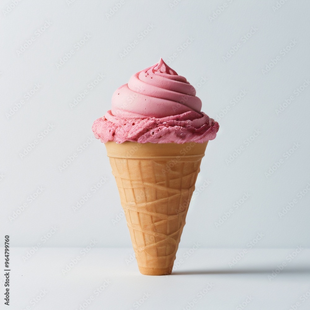 Pink soft serve ice cream in a cone on white background.. Pink soft serve ice cream in a cone on white background..