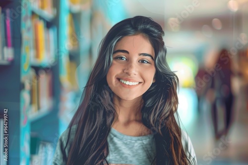 This friendly girl stands in a bright library, surrounded by colorful books, showcasing a cheerful smile that reflects her passion for reading and knowledge.