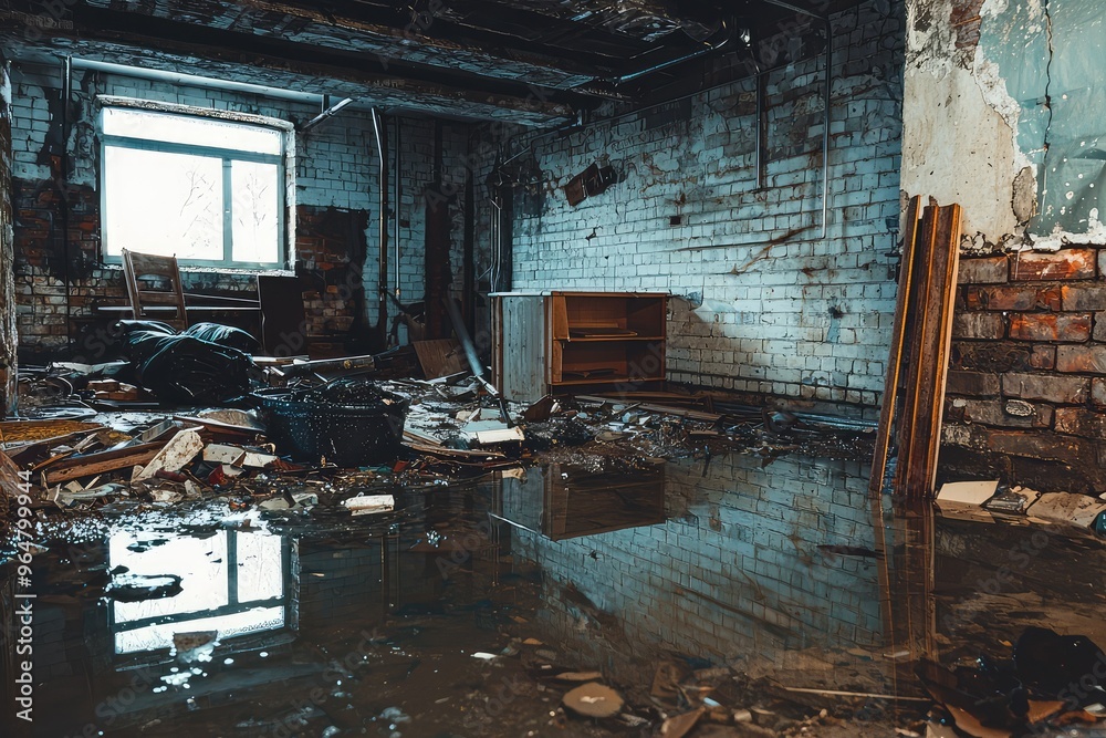 Obraz premium A Flooded Basement: A Haunting Reminder of Nature's Fury, Where Debris and Water Mingle in a Symphony of Loss.